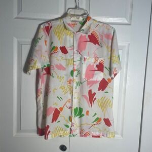 Vintage Repage Button Up Shirt Mens M White Yelllow Abstract Print 80s Button Up